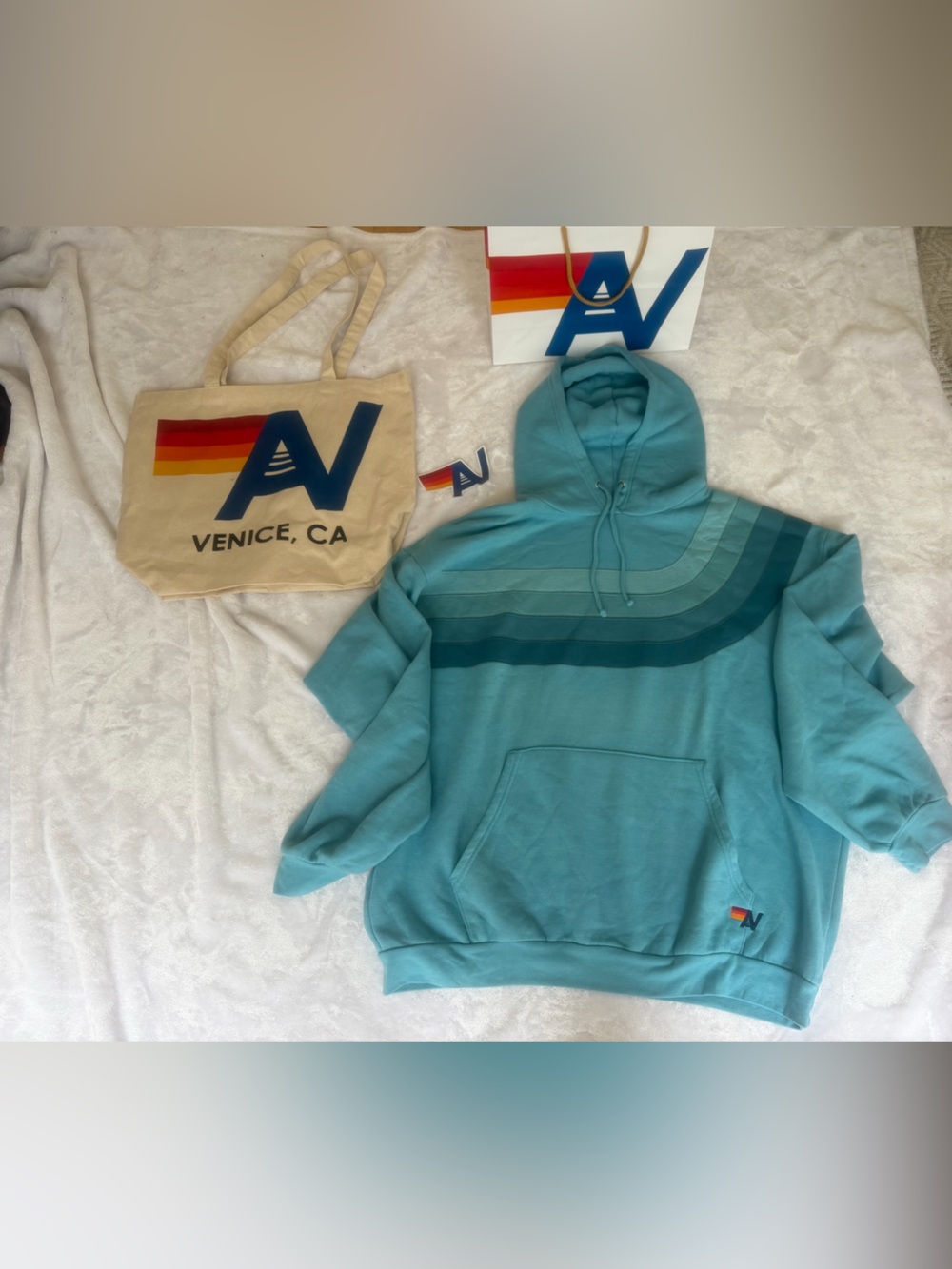- -NWT Aviator Nation  Wave Stripe 4  Relaxed   Pullover Hoodie XL + Tote Bag